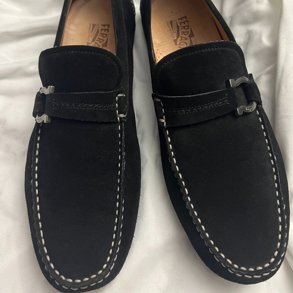 MEN'S SALVATORE FERRAGAMO BLACK SUEDE DRIVERS SIZE US 11 DUBLO 2 NERO BUC SUEDE